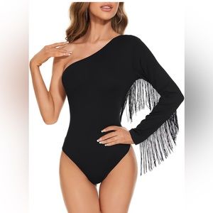 New Black Fringe Trim One Shoulder Long Sleeve Bodysuit Top Leotard